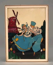 Vtg Art Deco Reverse Foil Art Painting Dutch Windmill Apx 10x13