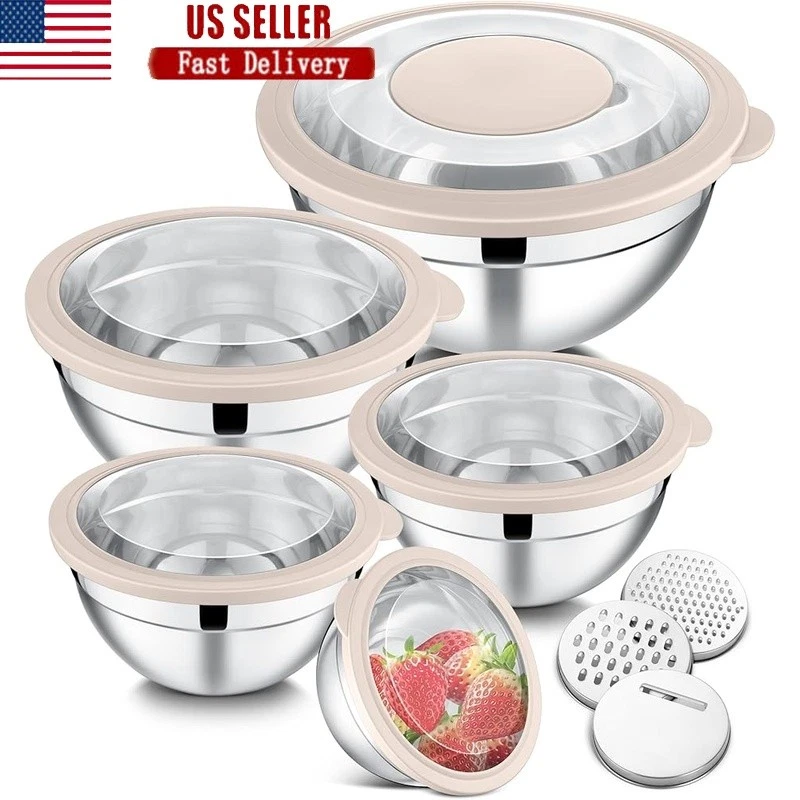 Stainless Steel Mixing Bowl Set W/ Airtight Lids Grater Attachments Salad New