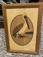 Hudson River Inlay Wood Pelican Wall Art Signed by Nelson 7x10" Handmade