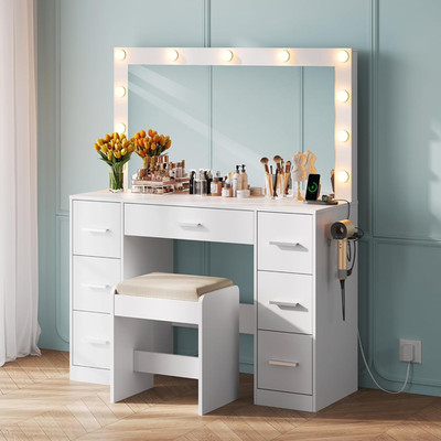 WLIVE White Vanity Desk w/ Lights Mirror 7 Drawers Chair Charging Station
