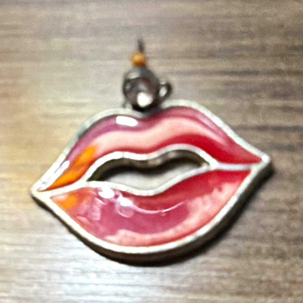 Red Enamel Lips Charm Pendant, Silver Metal, Clear Round Bezel Stone