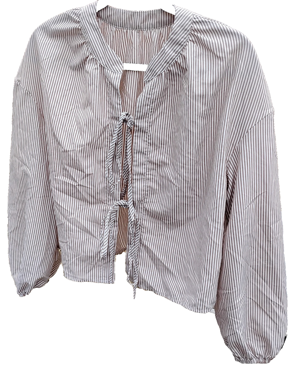 2 Tie Front Balloon Sleeve Blouse Cropped Size S Smock Top Brown