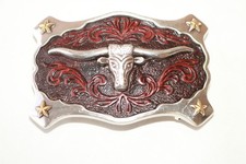 Vintage Silver Wood Tone Longhorn Texas Star Belt Buckle