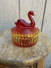 Vintage Jeanette Glass Amberina Glass Swan Candy Dish w/ Lid Ombre Red / Yellow