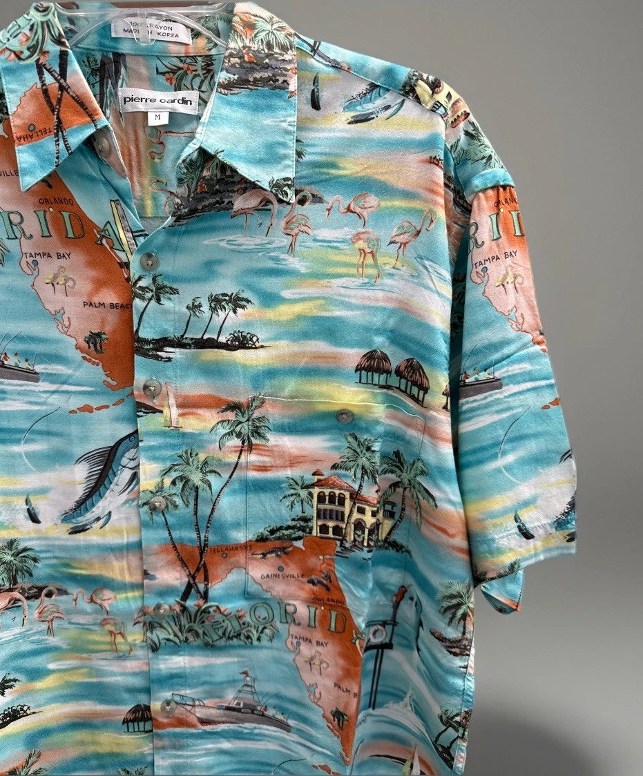 Pierre Cardin Rayon Hawaiian Florida State Shirt Mens Med Blue Sport Fishing