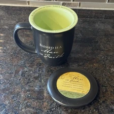 Abbey Press, Blessed is a Man of Faith Mug w/Lid-Coaster, Black,  1 Timothy 6:11