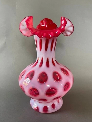 Large Fenton 10 7/8" Coin Dot Cranberry Opalescent Art Glass Ruffled Rim Vase