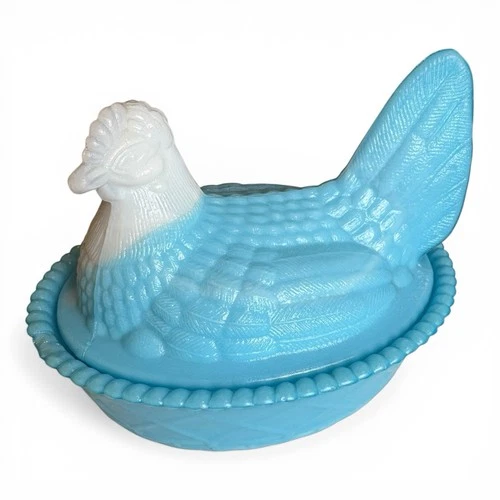 Vintage Blue with White Head Hen On Nest Blue Slag Milk Glass Dish-Westmoreland