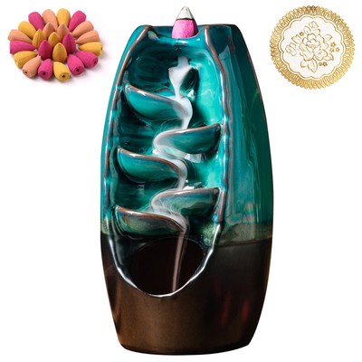 Ceramic Incense Burner with 100 Upgraded Cones, Waterfall Backflow Incense Ho...