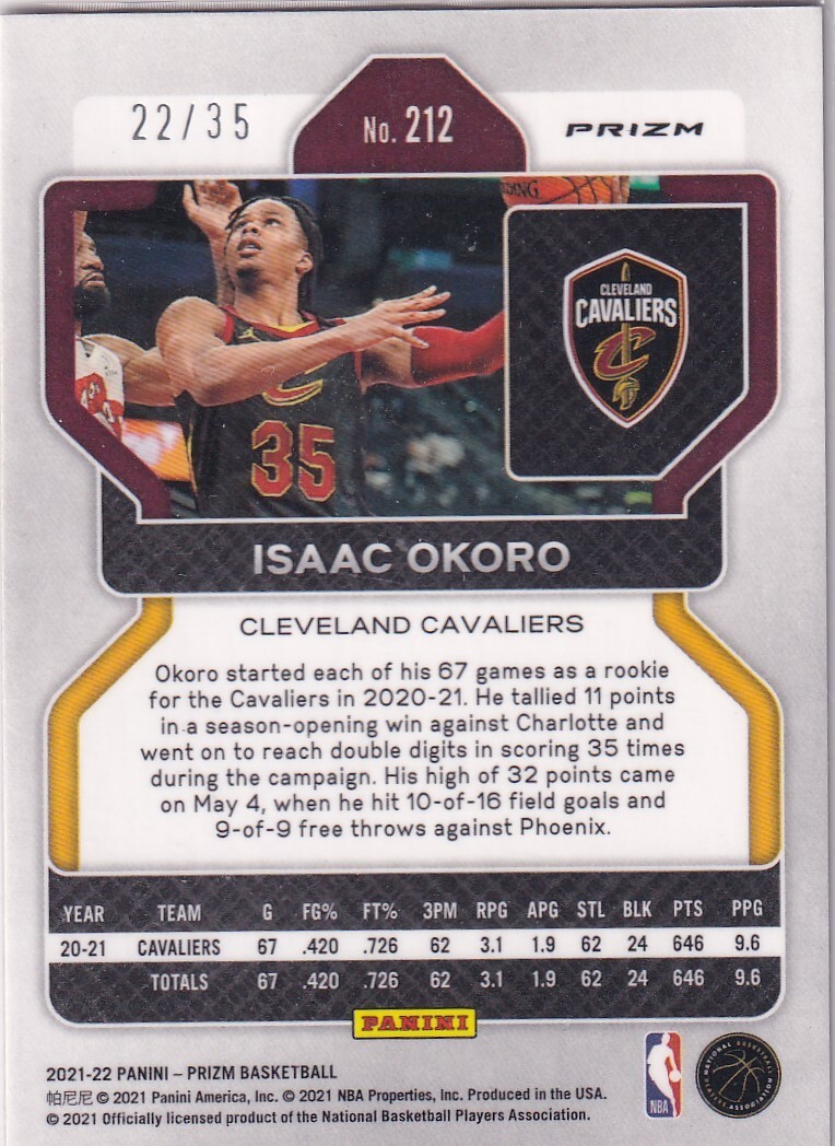 2021-22 Panini Prizm NBA Basketball No. 212 Isaac Okoro Purple