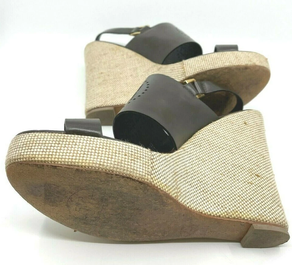 Tory Burch Kimberly Cuero Marrón Oscuro Cuña Eslinga Doble T Logo Talla 9.5 M Foto 4 de 4