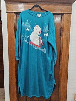 VTG Christmas Night Shirt Polar Bear Made In USA Sz Large
