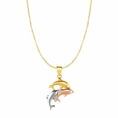 3 Delfin Halskette dreifarbig Gelbgold Weißgold Rotgold 18'' Kette 10k