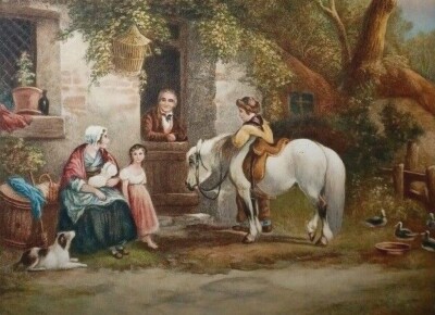 1938 LISTED ENGLISH EUGENE TILY Sd HAND COLORED ENGRAVING 19th C FAMILY FIGURES