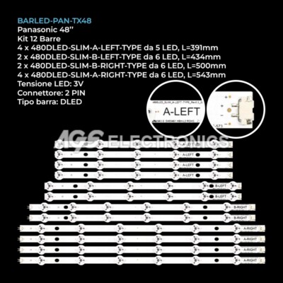 Barra LED 480mm Per TV Panasonic: TX-48CX350, TX-48S3653, TX-48U7653 (Set 12 Pezzi)