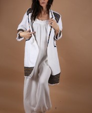 Chico's Jacket White Linen Striped Collared Open Front Boho Embellished Size 2