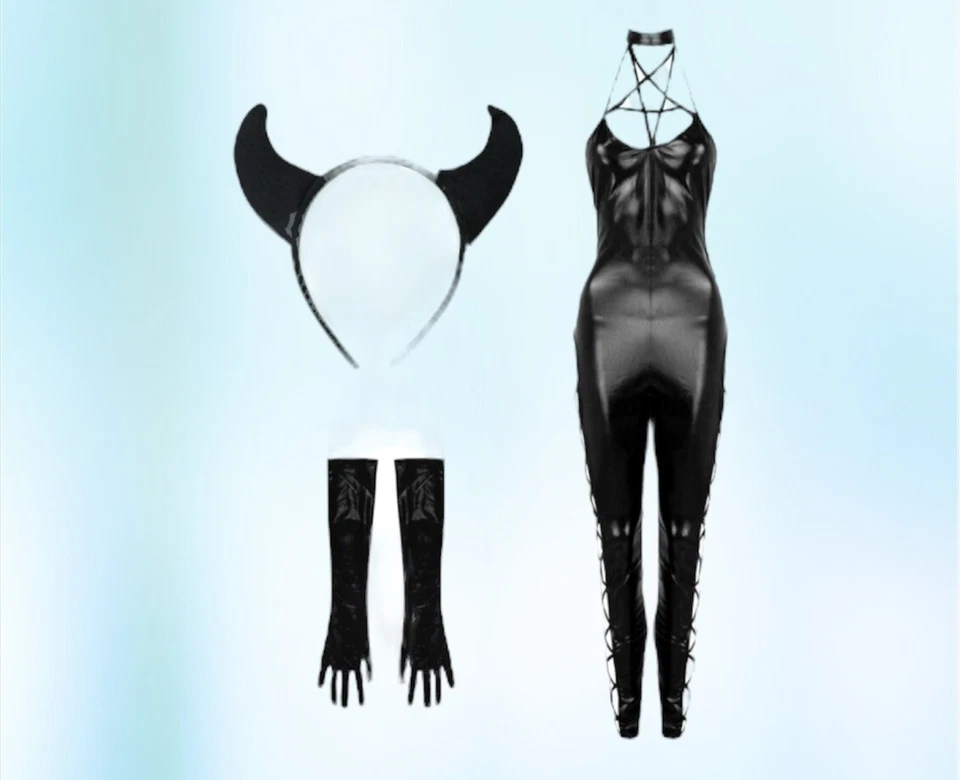 Disfraz de Halloween Diablo Negro | Traje de gato con cordones de corte bajo | 557958 | Talla S/M Foto 3 de 4