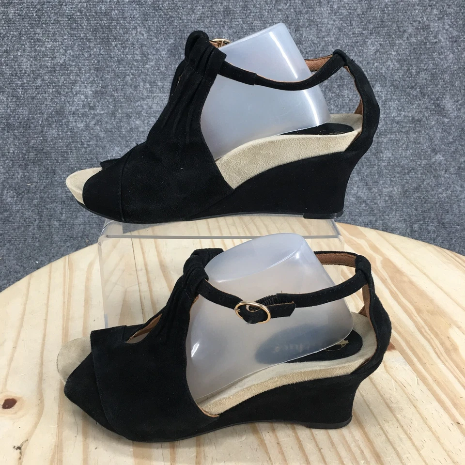 Earth Sandals Womens 7 B Caper Buckle T Strap Wedge Heels Black Suede Peep Toe — 第 2/4 张图片