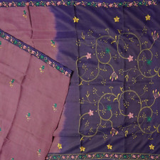 Vintage Purple Sarees 100 Pure Silk Hand Embroidered Floral Sari 6YD Fabric
