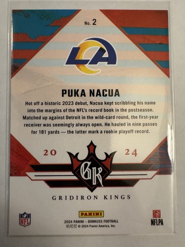 2024 Panini Donruss Puka Nacua #2 Gridiron Kings Los Angeles Rams - Picture 2 of 2