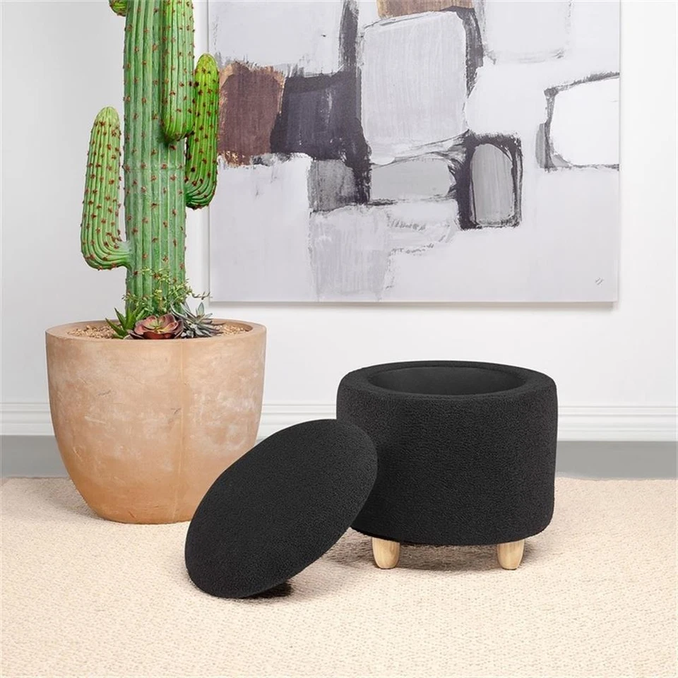 Coaster Valia Fabric Upholstered Round Storage Ottoman Black - Image 3 of 4