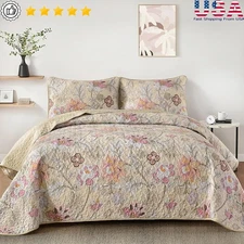 3 Pieces Quilt Set Floral Pattern Soft Microfiber All Season Bedspread Queen Bed