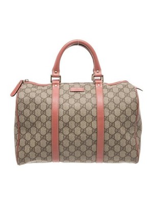 Gucci GG Supreme Boston Top Handle Bag Beige Pink Canvas Leather Trim, LUX