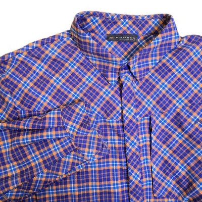KJUS Men's FRX Shirt Orange Blue Plaid Roll Tab Sleeve Snap-Up EU 56 *Flaw