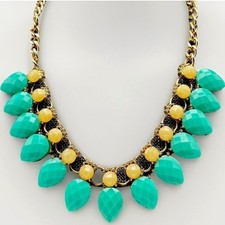 Vintage Gold Tone Teal & Yellow Statement Bib Necklace Faceted Drop Beads Retro