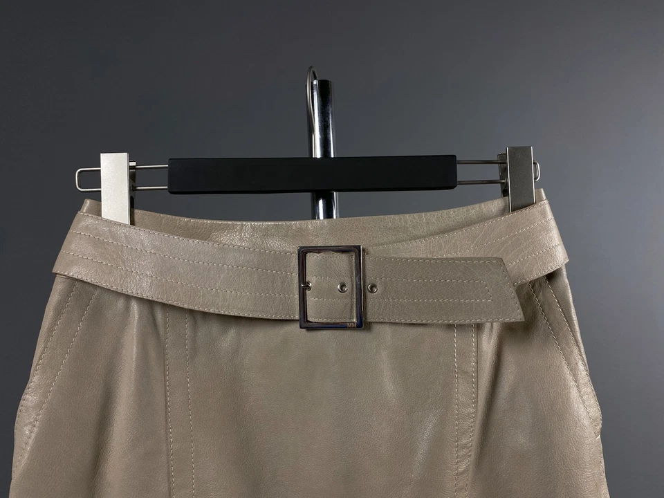 Rare Max Mara Womens Tan Leather A Line Belted Back Slit Skirt US 8 GB 10 IT 42 - Image 3 of 4