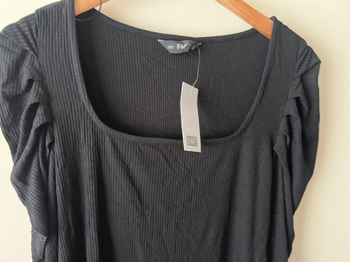 F&F Top Size 14 New Black Ribbed Puff Long Sleeve Stretch Casual Formal - Picture 2 of 7