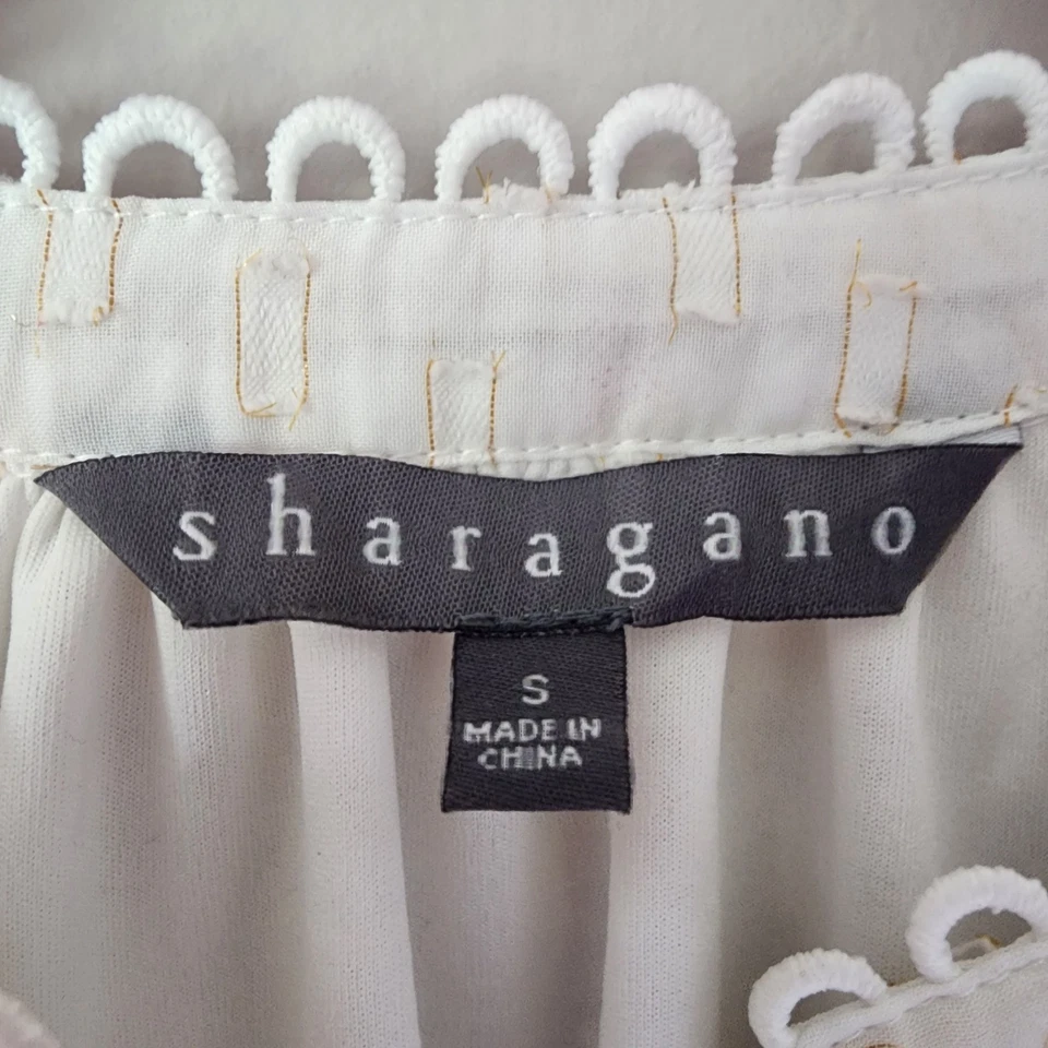 Sharagano Classic Office Wear Clip-Dot Blouse V-neck Sheer White Small  - Image 4 of 4