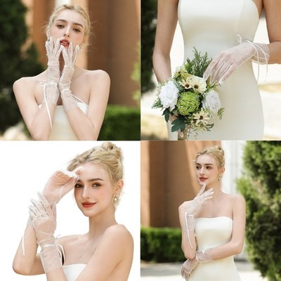 Wedding Pearls Gloves Short Full Finger White Gloves for Women and Girls Gift