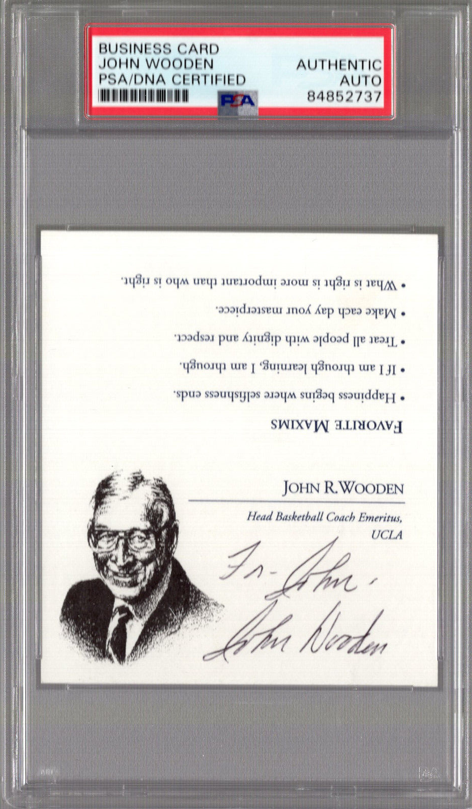 John Wooden Autographed Signed HAND PYRAMID OF SUCCESS BUSINESS CARD TO JOHN PSA SLAB 