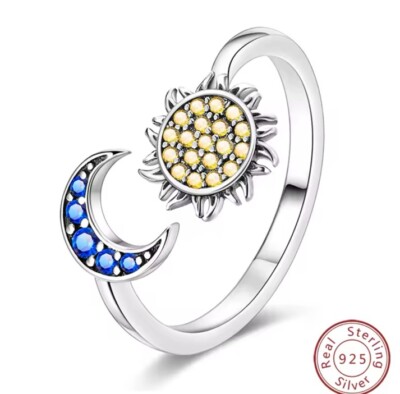 Sonne und Mond verstellbarer Ring 925 Sterling Silber Geschenk Modeschmuck Geschenk   