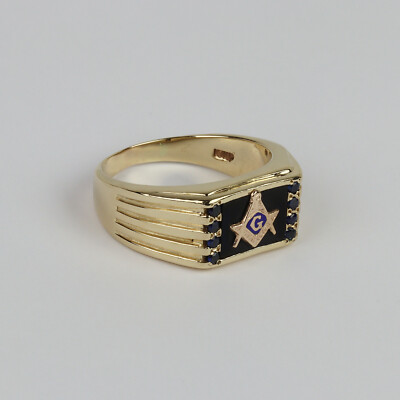 Vintage 10k Yellow Gold, Onyx, Sapphire Men's Freemason