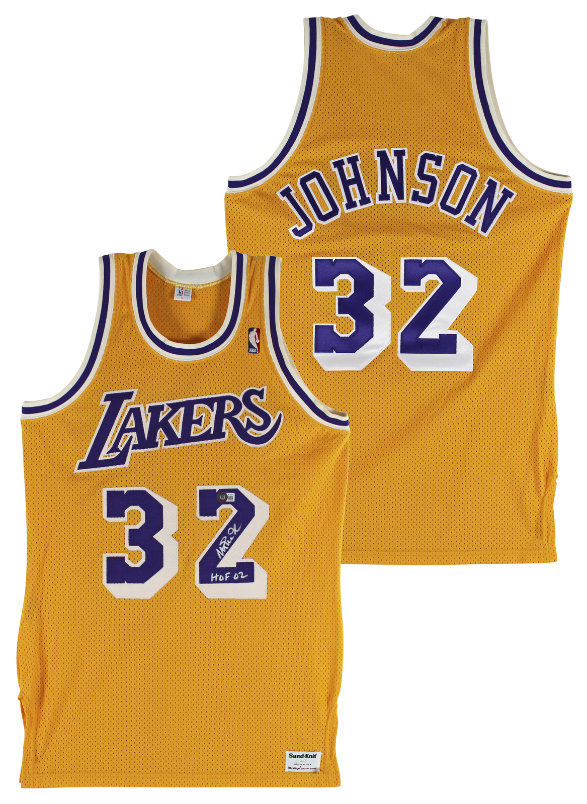 Magic Johnson Autographed Signed Lakers "HOF 02" Yellow Macgregor Sand-Knit Jersey Beckett Wit 2 