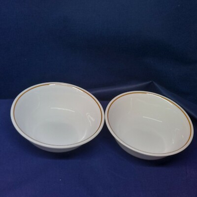 Corelle by Corning Set/2 Soup/Cereal Bowls White/Tan Trim EUC USA 