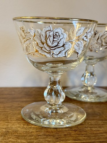Vintage 60er Champagner Sherbert Glas "Rose Bouquet" von Libbey Goldrand Set - 6