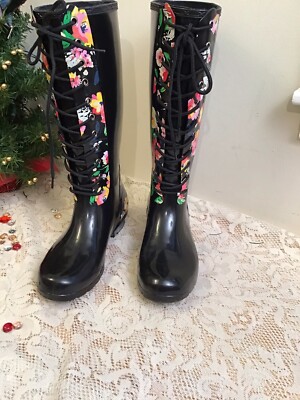 Roma Sadie Robinson Black Floral Lace Up Rain Boot size 8- Tall