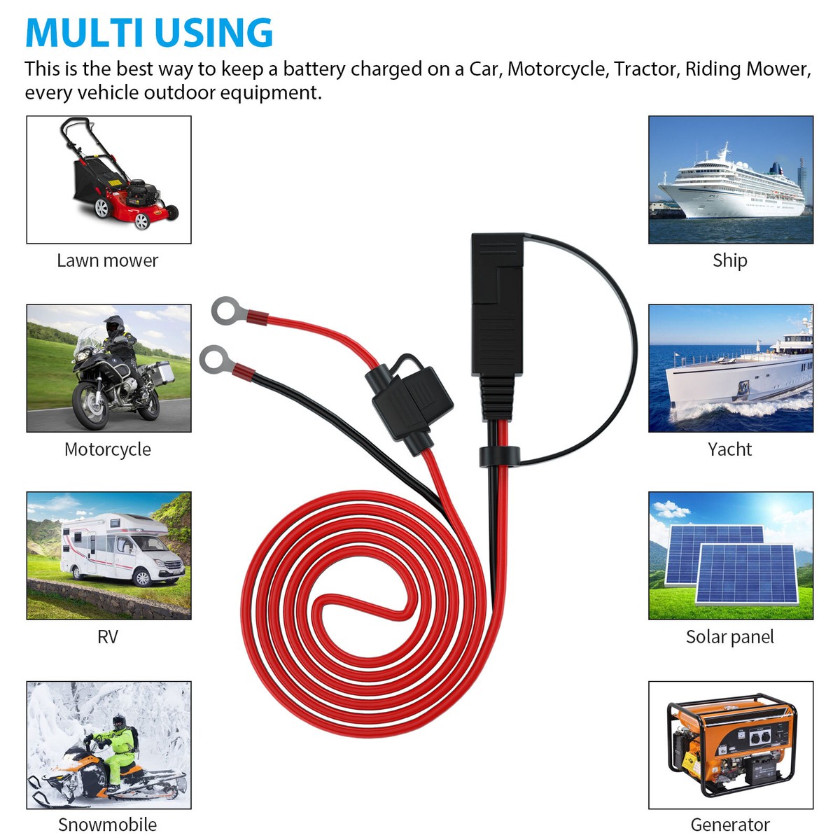 Câble D'extension SAE 60 Cm Pour Chargeur Batterie Moto/voiture – Connecteur Rapide 2 Broches Avec Fusible 10A