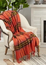 Luxury Orange Plaid Throw Blanket with Fringe – 50" x 60"