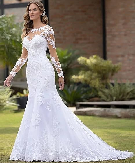 illusion sleeve mermaid wedding dress White Lace Mermaid Wedding Dress Illusion Off-the-Shoulder Deep V-Neck Long Sheer Sleeves Baroque Vine Lace Cathedral Train