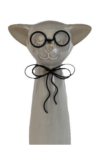Ceramic White Cat Wearing Glasses With Long Metal Tail in Black 8.5 inch