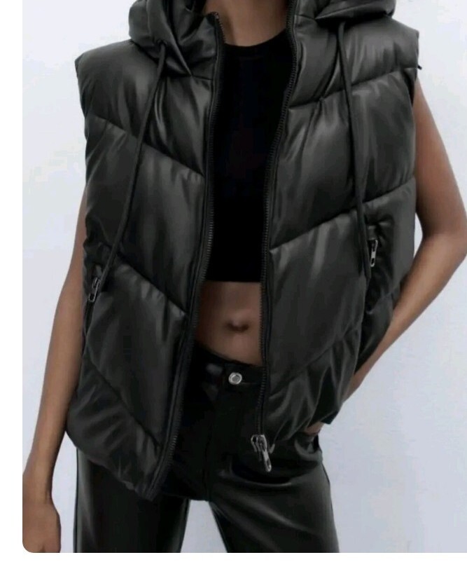 Zara Faux Leather Black Hooded Puffer Gilet Jacket BNWT Size