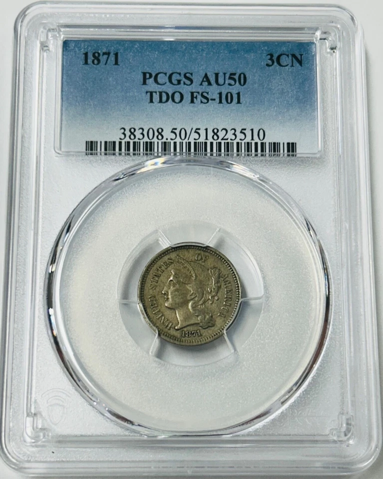 1871 Nickel Three Cent Piece PCGS AU50 TDO FS-101 (PCGS Pop 5 Only 5 Higher) - Image 2 of 4