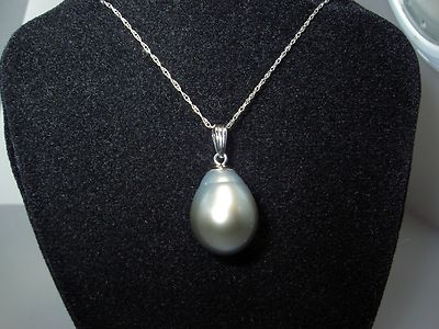 RIESIGER glänzender 14,8 mm x 11 mm Silber/Grau TAHITI PERLE 14K Weißgold Anhänger