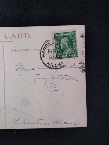 Benjamin Franklin One Cent USPS Stamp Early 1900s Green Valentine Postcard PA Ha - Picture 2 of 7