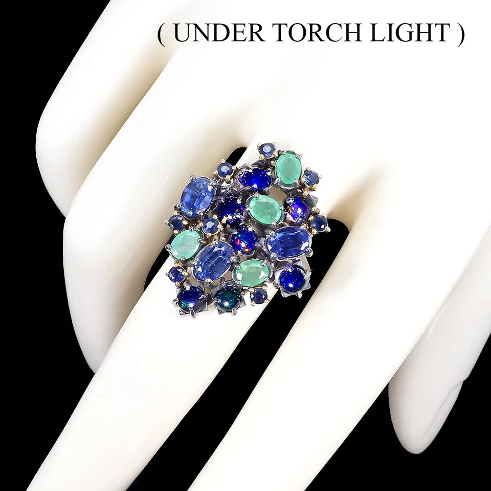 925 Anello Argento Sterling Cianite Nero Opale Gemma Smeraldo Handamde Misura 9 - Immagine 2 di 4