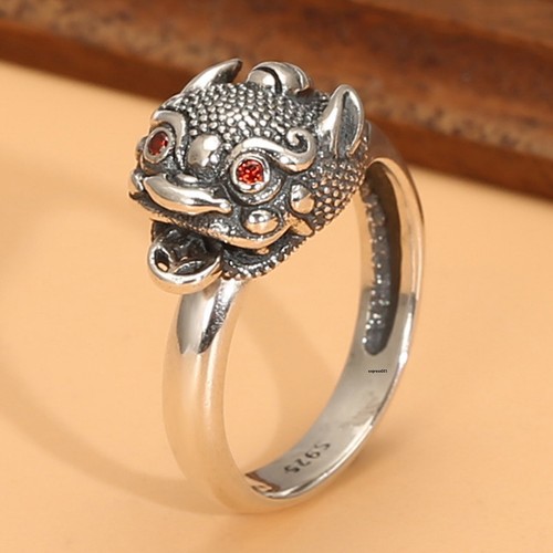 1PC Real Solid 925 Sterling Silver Band Men Women Lucky Red Eye Coin Pixiu Ring - Picture 1 of 11